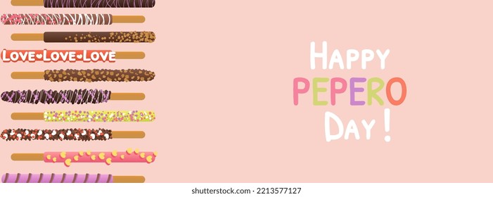 Happy pepero day background vector illustration with copy space for text. Assorted chocolate dipped pepero sticks and celebration colorful text. Vector illustration