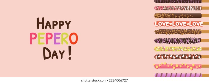 Happy pepero day background vector illustration with copy space for text. Assorted chocolate dipped pepero sticks. Celebration colorful text. Vector illustration