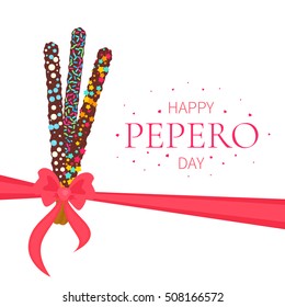 Happy Pepero Day card design template with South Korean sticks and bow. Assorted biscuits covered with chocolate and festive sprinkles on white background. Food vector illustration.
