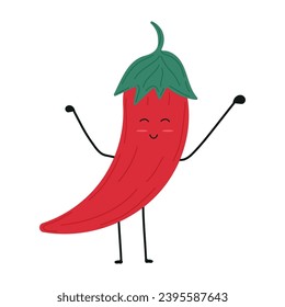 Happy pepper hand drawn vector illustration on white isolated background. Flat style. Fiery red and juicy green color. For characters of cartoons, comics, icons.
