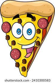 Happy Pepperoni Pizza Slice Cartoon Character. Vector Hand Drawn Illustration Isolated On Transparent Background