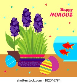 Happy Persian New Year Card Template. Illustration With Fish, Grass And Eggs.