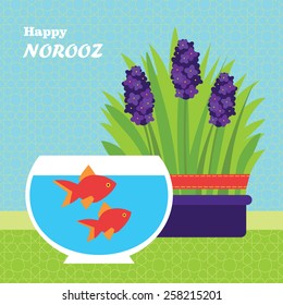 Happy Persian New Year Card Template. Vector Illustration With Fish And Grass  