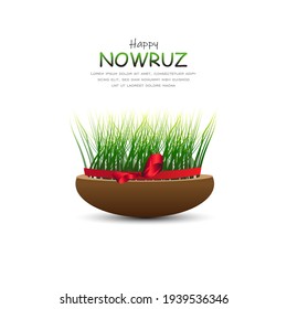 Happy Persian New Year (Nowruz) vector illustration. greeting card, poster and banner. Green wheat grass semeni.