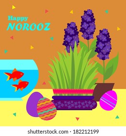 Happy Persian Norooz card. Persian New Year greeting card template with green grass and red fish and other cute holiday attribute. 