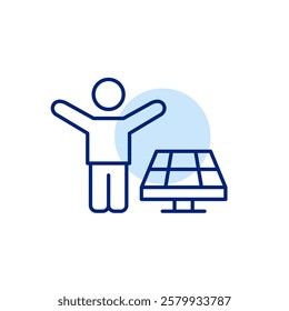 Happy person with arms raised and solar panel. Alternative energy sources for sustainable living. Pixel perfect, editable stroke icon