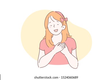 Concepto del movimiento del lenguaje corporal de la persona feliz. Muchacha feliz con las manos cruzadas en el pecho gesto, mujer complacida con los ojos cerrados, sintiendo emociones positivas. Vector plano simple