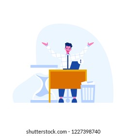 Happy person brhind the office desk. Flat style vector concept
