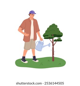 Happy person cares about growing garden tree sapling. Young man pours water from watering can on green plant. Gardener goes planting of park. Flat isolated vector illustration on white background