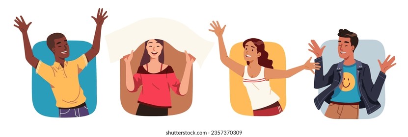 Happy person celebrating win set. Joyful diverse young men, women rejoicing having fun, raising hands happily collection. Happiness, celebration, party, achievement success flat vector illustration