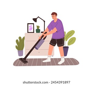 Persona feliz limpiando casa con aspiradora. Joven lavando piso con fregona eléctrica. Chico haciendo limpieza, tareas. Tareas domésticas, limpieza. Ilustración vectorial aislada plana sobre fondo blanco