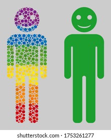 Happy person collage icon of circle elements in variable sizes and spectrum color tinges. A dotted LGBT-colored Happy person for lesbians, gays, bisexuals, and transgenders.