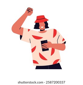 Happy person dancing with smartphone in hand. Excited smiling character holding, looking on mobile phone, celebrating at party, joyful emotion. Flat vector illustration isolated on white background