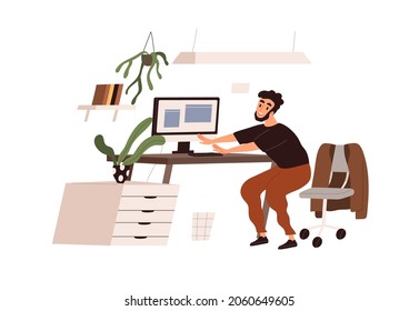 Happy person doing physical exercises, squats at workplace. Employee at active healthy break, body workout at work. Warmup at office desk. Flat vector illustration isolated on white background
