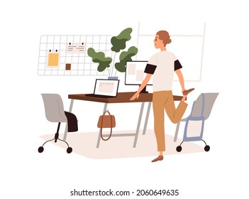 Happy person doing physical exercises, stretching body at workplace. Employee warming up during healthy break. Workout at work in office. Colored flat vector illustration isolated on white background