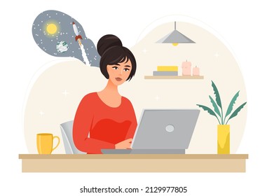 Happy person dreaming at work. Woman with cloud sitting at her workplace, working on laptop and coming up with creative ideas. Thinking, imagination, inspiration. Cartoon flat vector illustration