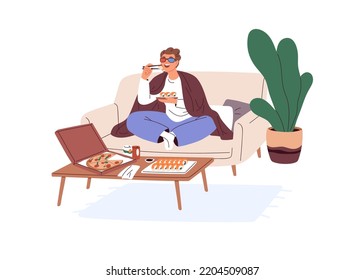 Happy person eating takeaway food, watching movie alone at home. Man relaxing on sofa with pizza and sushi, enjoying cozy lazy evening. Flat graphic vector illustration isolated on white background