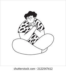 Happy person embraces himself. Self-love. Acceptance of your body. Vector hand-drawn illustration in the style of doodles on an isolated white background.