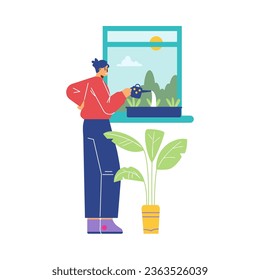 Happy person enjoys time with plant pot, waters and cares for house flowers. Concept of JOMO lifestyle. Vector flat positive character isolated on white. Joy of missing out, personal comfort