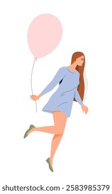 Happy person flying with balloons. Beautiful smiling woman flying up to clouds on big balloon. Dreamy Carefree Character. Concept of freedom and joy. Flat vector illustration isolated on background