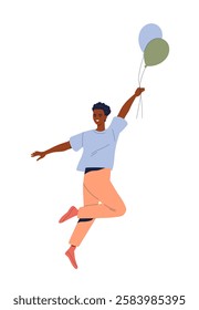 Happy person flying with balloons. Laughing carefree guy holding bunch of balloons and floating in air. Dreamy man flies up. Concept of freedom and joy. Flat vector illustration isolated on background