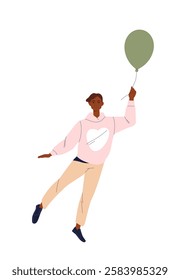 Happy person flying with balloons. Smiling man holding balloon and flying up to clouds. Dreamy Carefree Character. Concept of freedom and joy. Flat vector illustration isolated on background