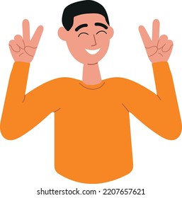 	
A happy person, gesturing a peace sign and sincerely smiling man. Body language, nonverbal communication, positive emotion. Vector illustration isolated