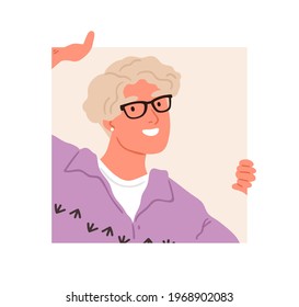 Happy person in glasses peeping and peeking out of square hole. Curious woman looking outside. Human hiding behind window. Curiosity concept. Flat vector illustration isolated on white background