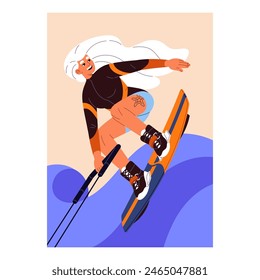 Happy person goes wakeboarding, kitesurfing. Young woman goes surfing, extreme water sport. Excited girl rides on board with foot bindings, jumps on ocean waves in summer. Flat vector illustration