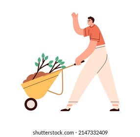 Happy person going, carrying wheelbarrow with soil and plants. Eco volunteer with tree seedlings. Man with spring saplings working outdoors. Flat vector illustration isolated on white background