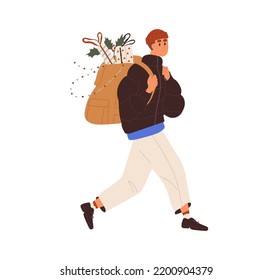 Happy person going with Christmas purchases in backpack outdoors. Man carrying gift boxes, presents, Xmas decoration for winter holidays. Flat vector illustration isolated on white background