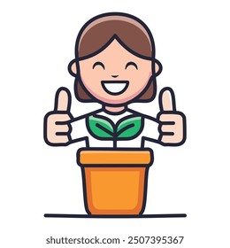 Happy person growing plant thumbs up. Cartoon illustration of a happy person growing a plant with their thumbs up, symbolizing success and growth.