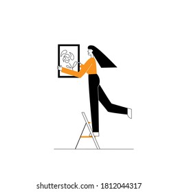 A Happy Person Hanging A Picture On The Wall. Trendy Color Block Flat Illustration. Home Decoration Concept.