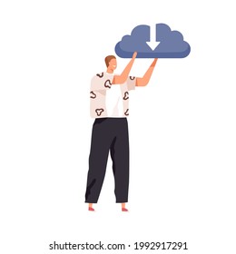 Persona feliz sosteniendo una gran nube con flecha como símbolo del servicio de almacenamiento en línea. Concepto de descarga y envío de datos. Ilustración vectorial plana de color del archivo de internet aislado en fondo blanco