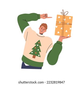 Persona feliz sosteniendo un regalo de Navidad. Hombre con caja de regalo de Navidad en mano. Carácter masculino con sorpresa de vacaciones en un envoltorio festivo con arco. Ilustración vectorial plana aislada en fondo blanco