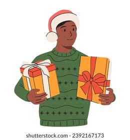Happy person holding Christmas gift. Man with Xmas present box in hand. Male character with holiday surprise in festive wrapping with bow. Flat vector illustration isolated on white background