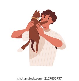 Happy person holding cute funny cat in hands. Pet owner and lovely kitty looking at each other. Feline animal touching male face with paws. Flat vector illustration isolated on white background