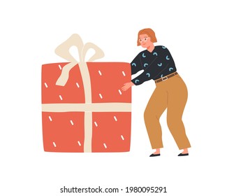 Happy person holding huge gift box. Woman carrying big enormous present wrapped in festive wrapping paper. Holiday surprise concept. Colored flat vector illustration isolated on white background