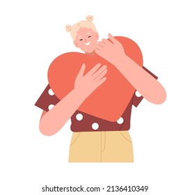 La persona feliz tiene un gran corazón rojo. El amor, la generosidad, la filantropía y el concepto de esperanza. El voluntario siente bondad. Mujer con generoso alma altruista. Ilustración vectorial plana aislada en fondo blanco