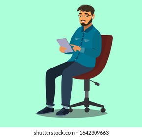 A happy person holds a tablet computer in their hands. Vector illustration in cartoon style.