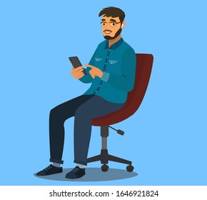 A happy person holds a tablet computer in their hands. Vector illustration in cartoon style.