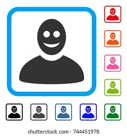 Happy Person icon. Flat gray iconic symbol inside a blue rounded rectangle. Black, gray, green, blue, red, orange color additional versions of Happy Person vector. Designed for web and app UI.