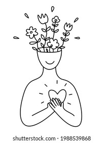 A happy person with joyful thoughts and love in heart. A man with a shining heart and flowers in head, isolated on a white. The concept of positive thinking, awakening, love. Doodle style. Vector.