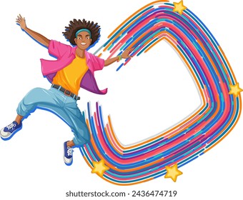 Happy person jumping with colorful abstract background