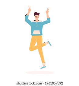 Happy person jumping. Man with raised hands jumping in the air. Positive and laughing men. Young funny teen guy celebrate victory and enjoy success. Flat vector illustration isolated on white