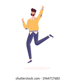 Happy person jumping. Man with raised hands jumping in the air. Positive and laughing men. Young funny teen guy celebrate victory and enjoy success. Flat vector illustration isolated on white