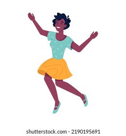 Happy person jumping, smiling in joy and fun with hands up, vector flat illustration. Young girl or woman guys jump up, freedom enjoy, friendship celebration, success and joy happiness