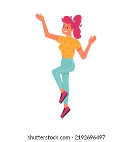 Happy person jumping, smiling in joy and fun with hands up, vector flat illustration. Young girl or woman guys jump up, freedom enjoy, friendship celebration, success and joy happiness