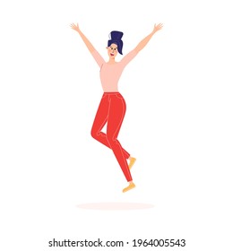 Happy Person Jumping. Woman With Raised Hands Jumping In The Air. Positive And Laughing Women. Young Funny Teen Girl Celebrate Victory And Enjoy Success. Flat Vector Illustration Isolated On White