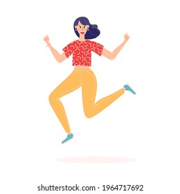 Happy person jumping. Woman with raised hands jumping in the air. Positive and laughing women. Young funny teen girl celebrate victory and enjoy success. Flat vector illustration isolated on white